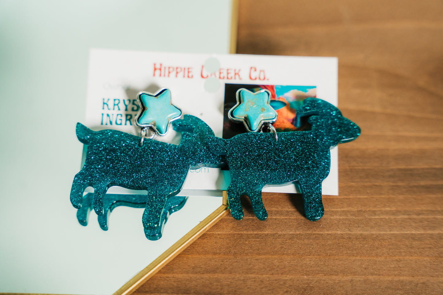Glittery Goat Acrylic Earrings with Turquoise Star