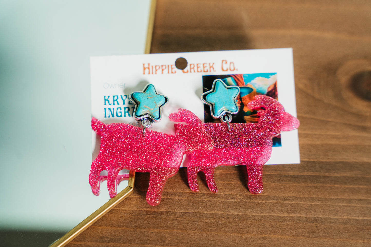 Glittery Goat Acrylic Earrings with Turquoise Star