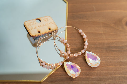 Pink Panache Pink & Gold Beads on Gold Hoops with Large Crystal Teardrop in Pink