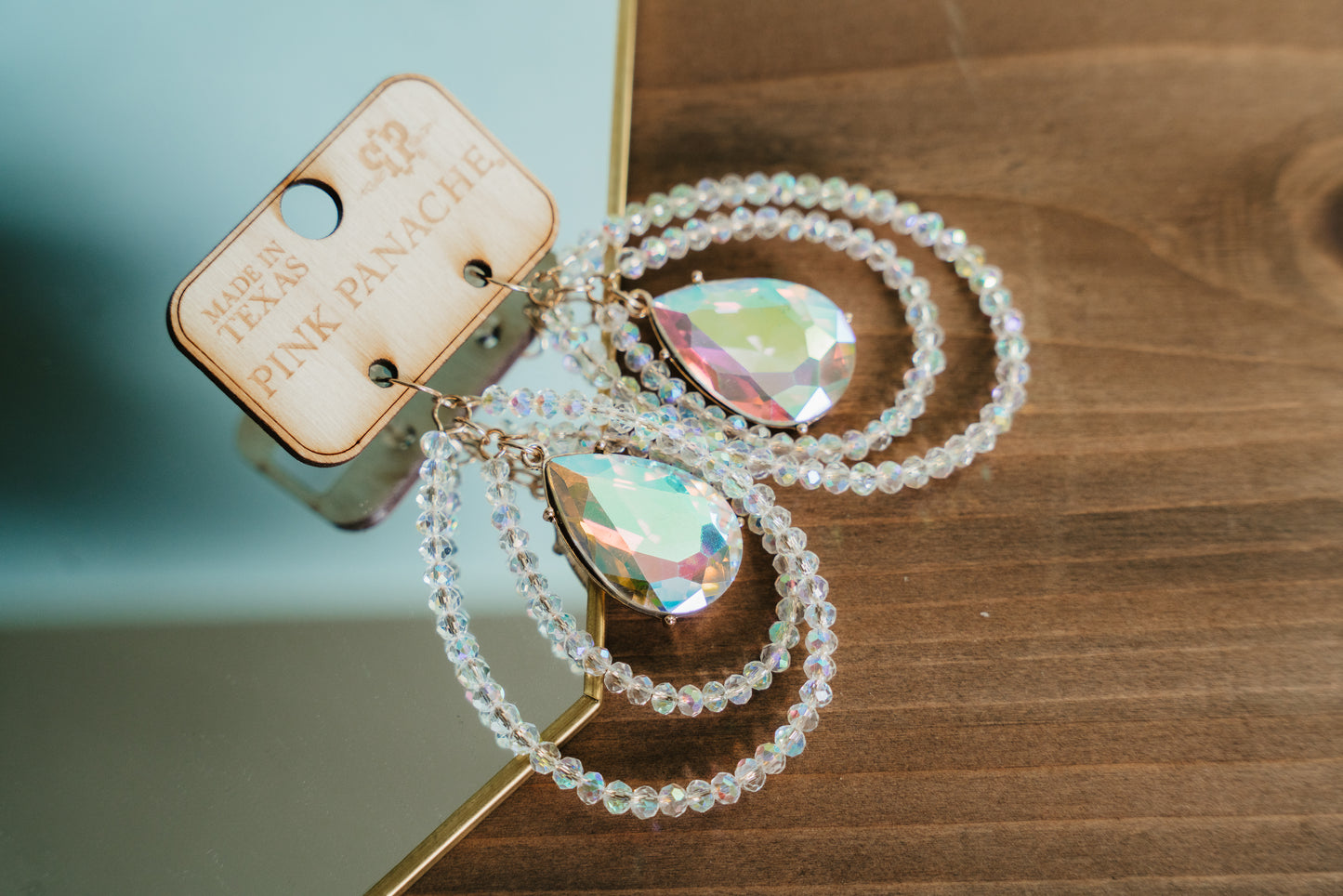 Pink Panache Iridescent Crystal Layered Beaded Teardrop Earrings with Iridescent Teardrop Crystal