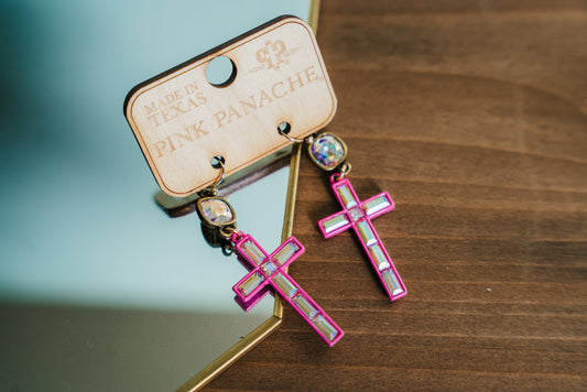 Pink Panache Hot Pink Iridescent Crystal Cross Earrings