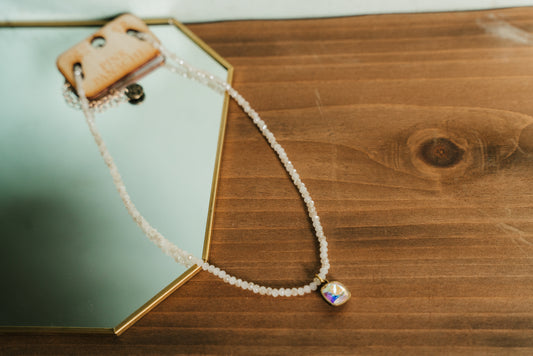 Pink Panache Iridescent Crystal Beaded Necklace with Iridescent Cushion Cut Crystal