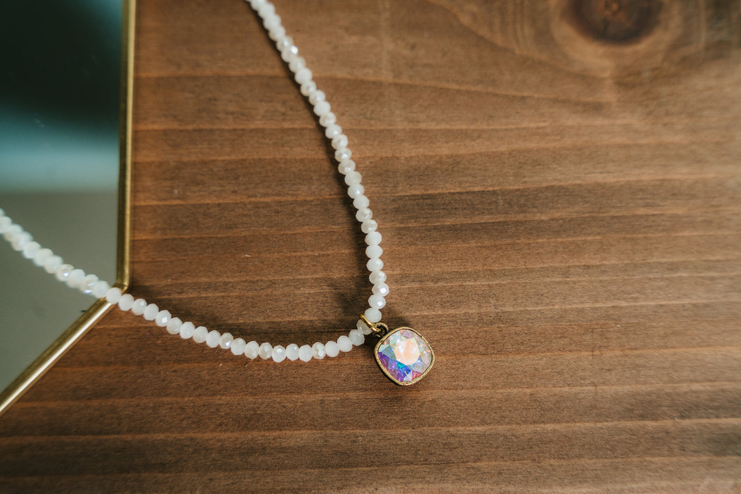 Pink Panache Iridescent Crystal Beaded Necklace with Iridescent Cushion Cut Crystal