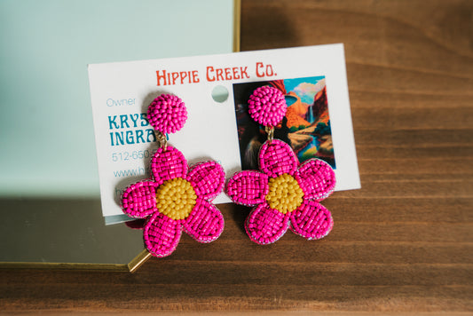 Fuschia Daisy Beaded Earrings