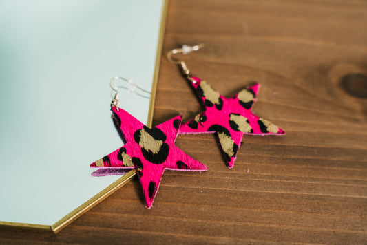 Hot Pink Metallic Leopard Star Earrings