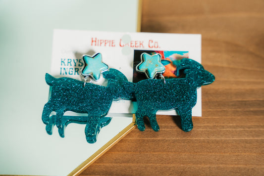 Glittery Goat Acrylic Earrings with Turquoise Star