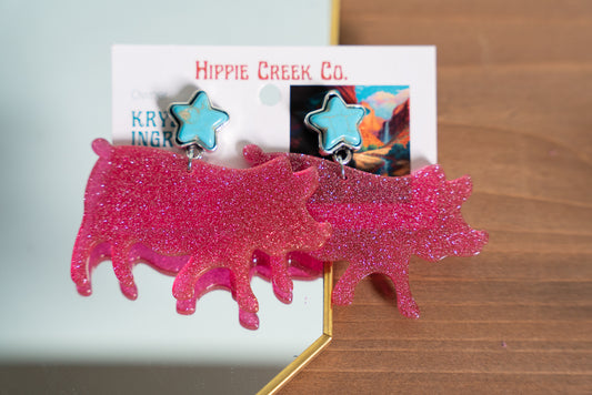Glittery Acrylic Pig with Turquoise Star Earrings