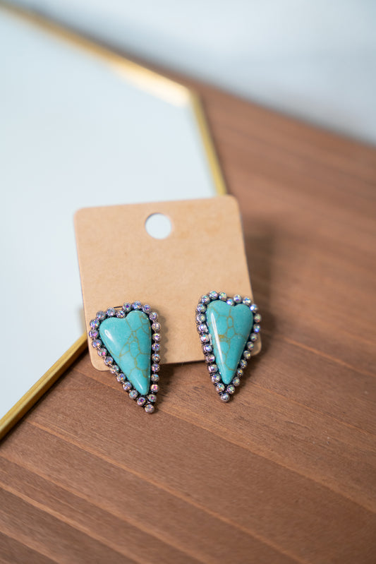 Turquoise Heart with Rhinestones Studs