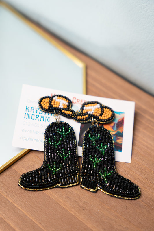 Black Cactus Boot Beaded Earrings