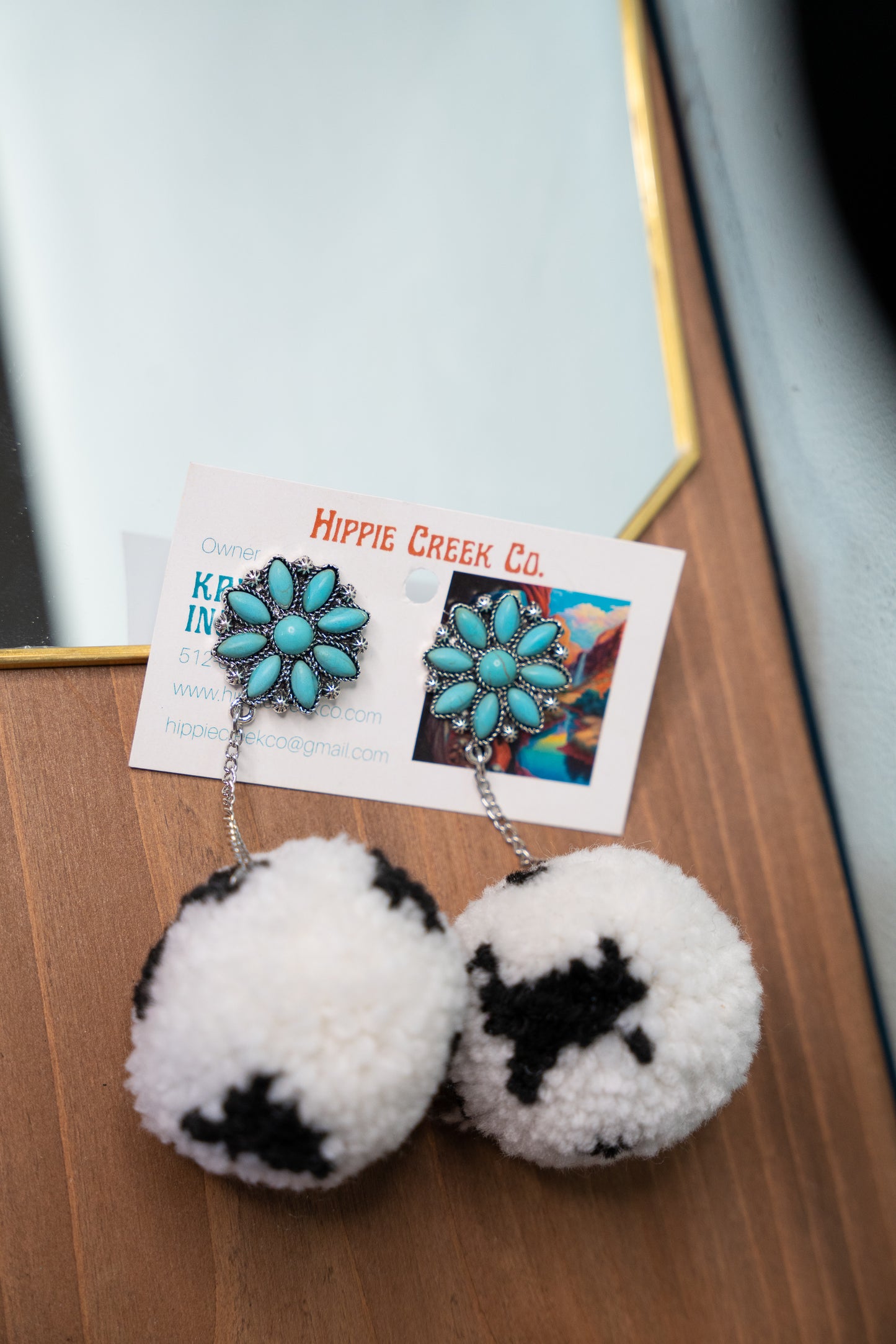 Turquoise Stud with Cowprint Pom Pom Earrings