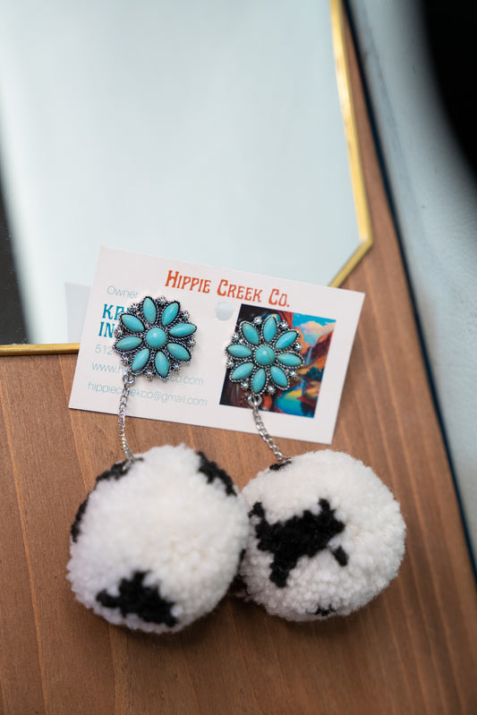 Turquoise Stud with Cowprint Pom Pom Earrings