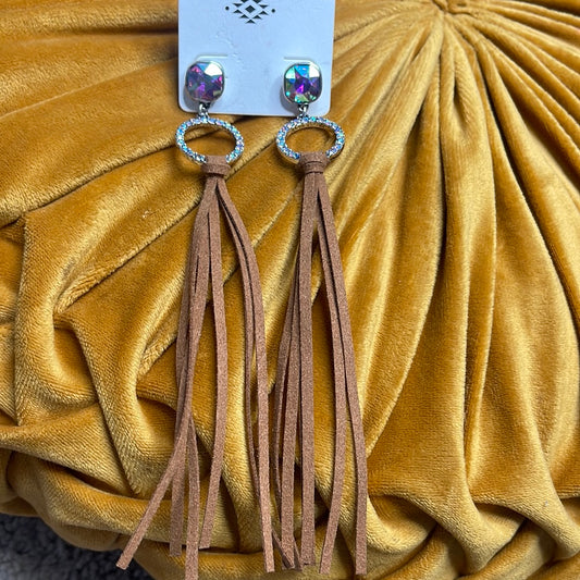 Crystal Fringe Earrings Brown