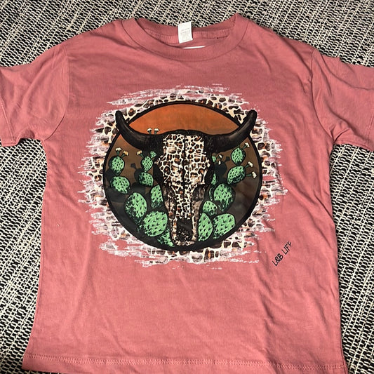 Dusty Pink Leopard Cow Skull & Cactus Girls' Tee